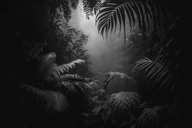Темная ночь в джунглях с черными насыщенными растениями