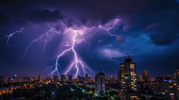 In the dark of the night lightning strikes illuminate the urban landscape