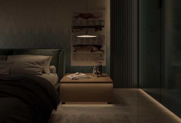 Dark Night Mode Bedroom Interior Render View