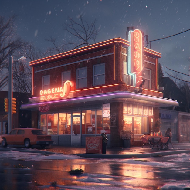 A dark night scene of a building with a neon sign that says oegen.