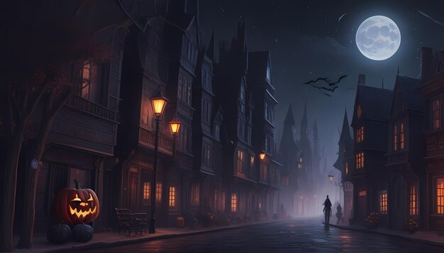 a dark night scene with a man walking in the street