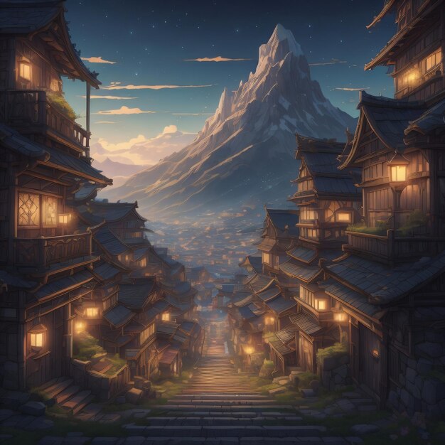 A dark night scene with a mountain in the background.