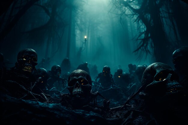 A dark night and shrouded in thick and dense fog skulls with bright and mesmerizing eyes