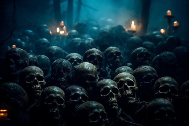 A dark night and shrouded in thick and dense fog skulls with bright and mesmerizing eyes