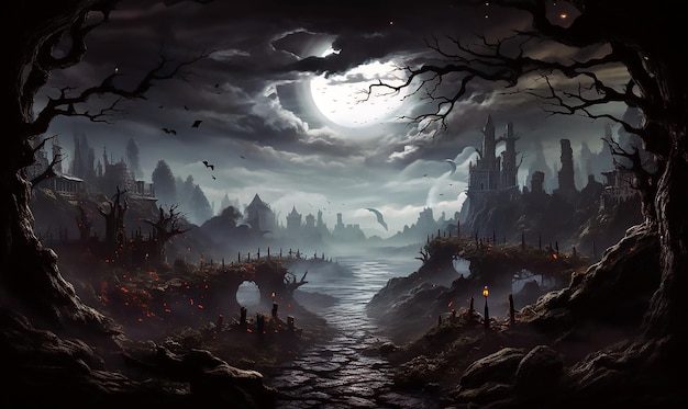 a dark night with bats dark forest and a full moon in the Halloween