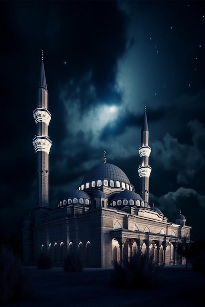 Темная ночь с голубой мечетью и луной