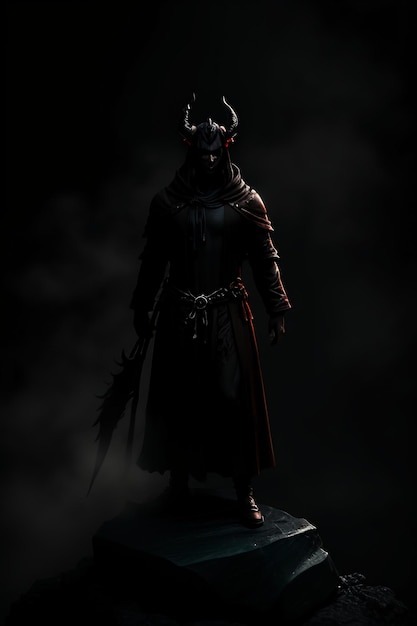 A dark night with a demon in a red cloak and a sword