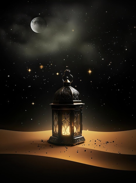 A dark night with a lantern in the desert