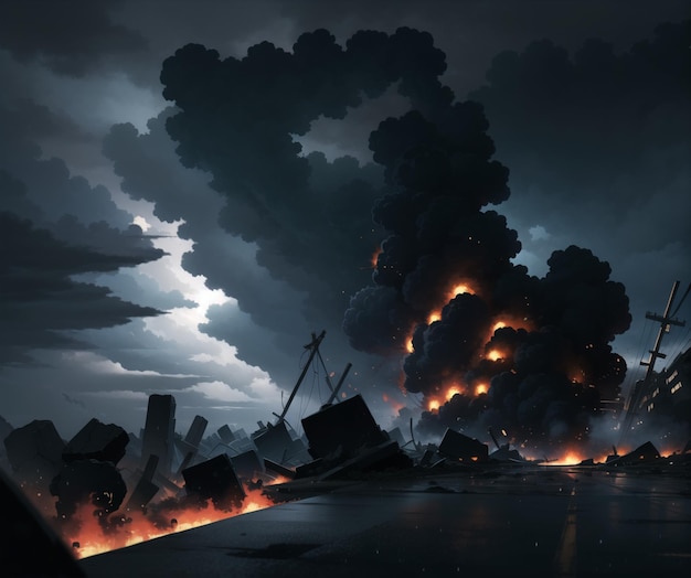 A dark night with a large fire and explosion