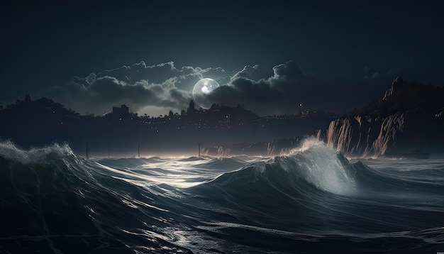 A dark night with a moon behind the waves