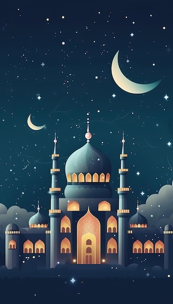 A dark night with a mosque and moon