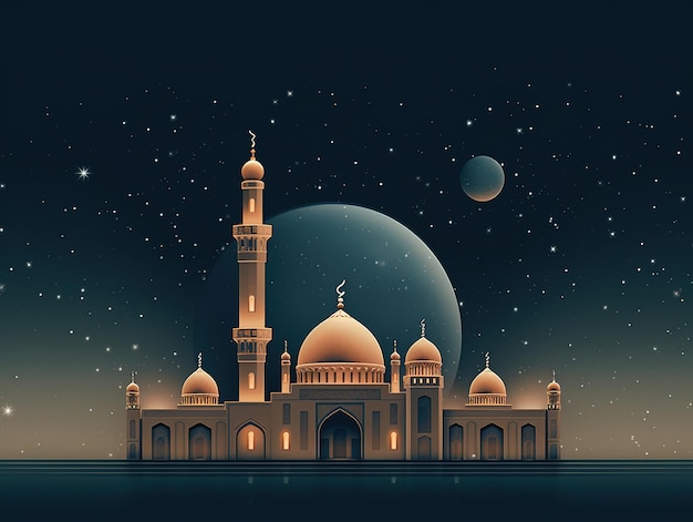 A dark night with a mosque and a moon