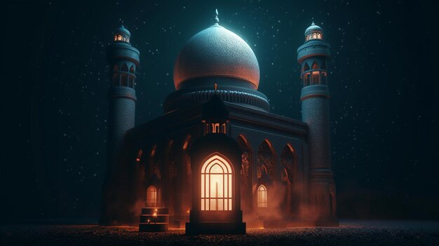 A dark night with a mosque and a starry sky