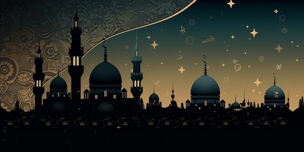 A dark night with a mosque and a starry sky