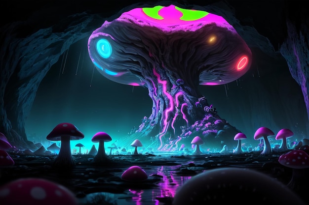 A dark night with a mushroom and a purple light.