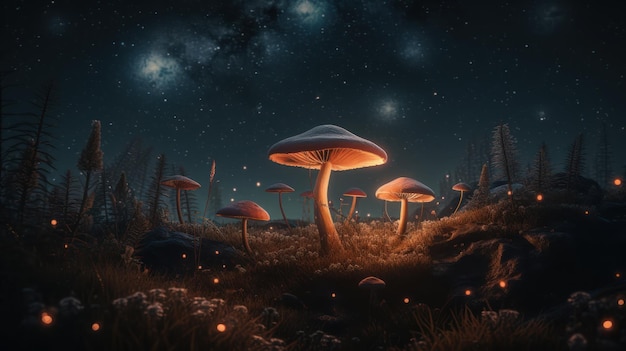 A dark night with mushrooms and a starry sky