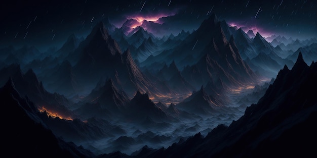 A dark night with a purple sky and mountains with a purple lightning in the background.