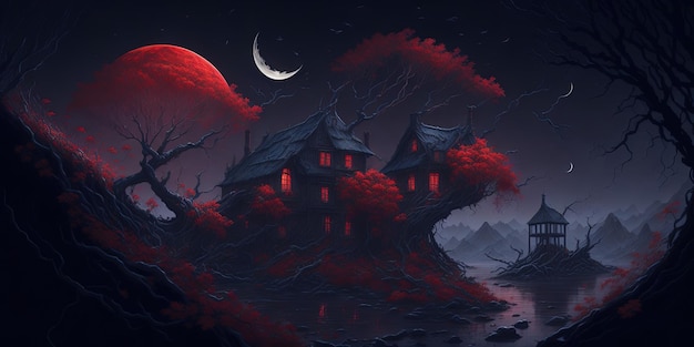 A dark night with a red moon and a house in the foreground.