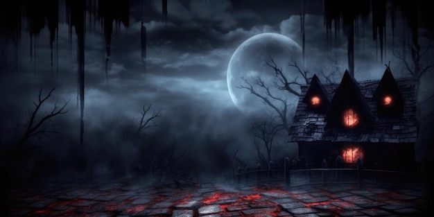 A dark night with a spooky house in the background