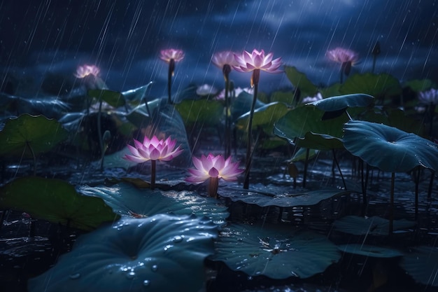 A dark night with water lilies in the rain