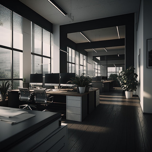 A dark office with a desk and a plant on the wall.