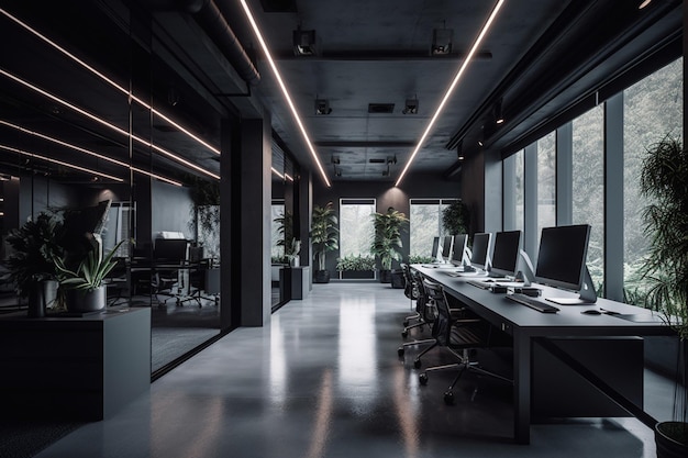 A dark office with a large black ceiling and a large windows with a large window with a green plant in the middle.