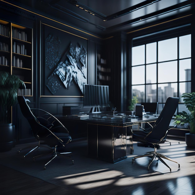 A dark office with a large window and a desk with a black chair and a black desk with a sign that says " the word " on it. "