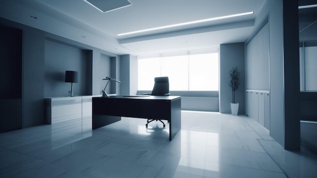 A dark office with a large window and a desk with a lamp on it.