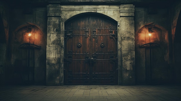 A dark old building with a dark door and lights on the wall