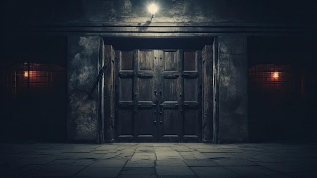 그것에 빛과 상단에 빛이 있는 어두운 오래 된 문.