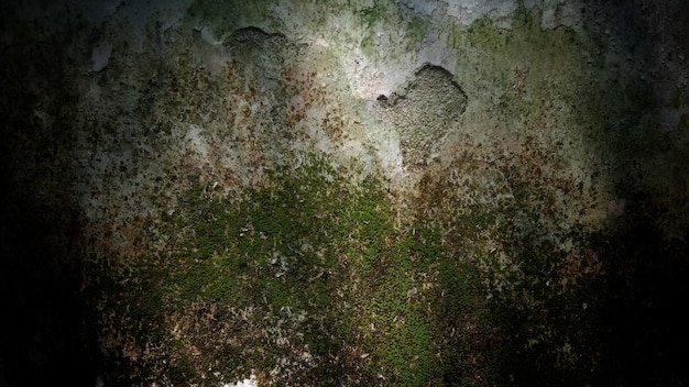 傷や苔でいっぱいの暗い古い壁のテクスチャの背景の壁