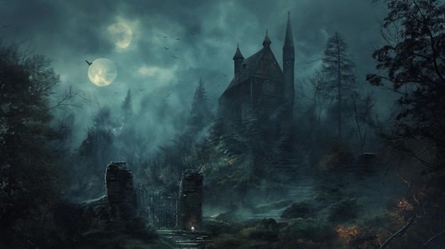 Dark ominous castle stands tall among the dense trees of a forest creating a mysterious and eerie atmosphere