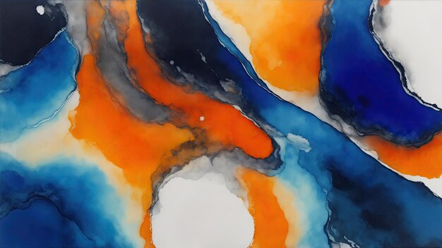 Dark Orange and blue abstract alcohol ink painting background