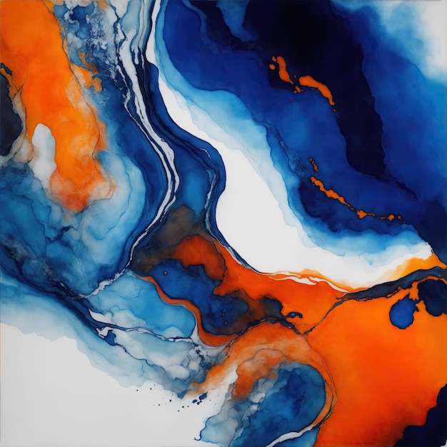 Dark Orange and blue abstract alcohol ink painting background