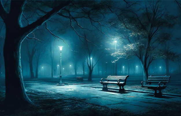 a dark park at night with a bench and lights