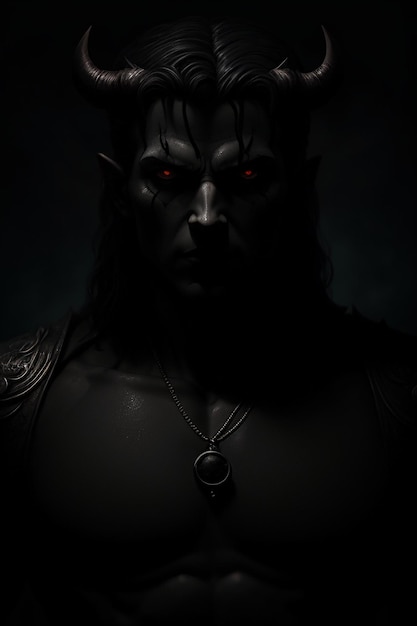 A dark photo of a demon with red eyes and a necklace that says'demon'on it.