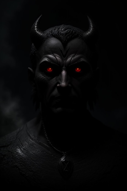 A dark photo of a devil with red eyes and a black background.