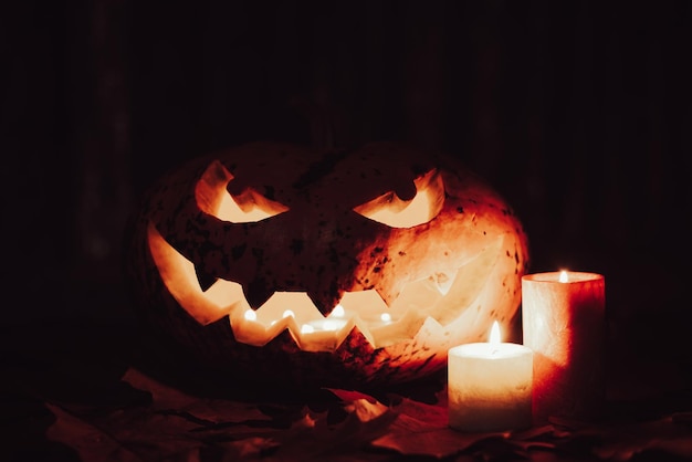 Dark photo of jackolantern lit by candles with scary smile looking to the camera Halloween concept