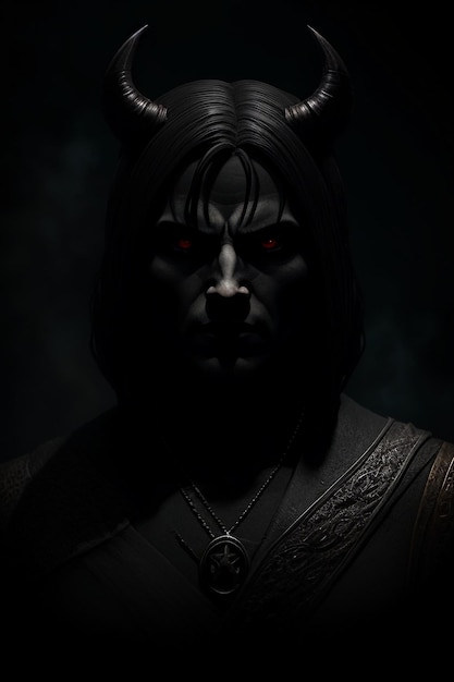 A dark photo of a man with red eyes and a black demon on his face.