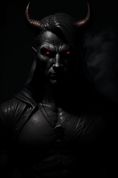 A dark photo of a man with red eyes and a hood.