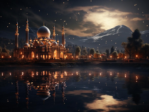 A dark photo of a mosque with a full moon in the background