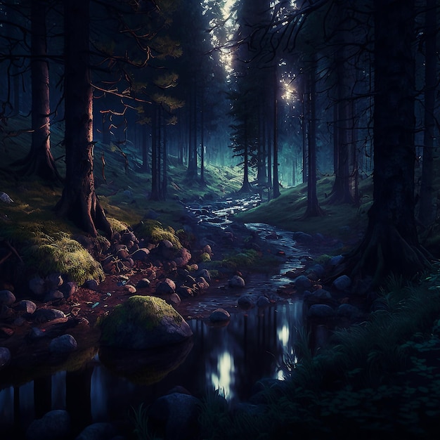 Темный сосновый лес в прекрасный день цифровое искусство