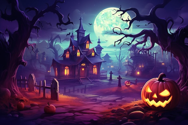 Dark pink and magenta colored cartoon of the moon above a Halloween village with scary pumpkins and trees Halloween Background