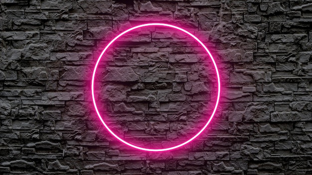 Dark pink neon circle frame on wall background