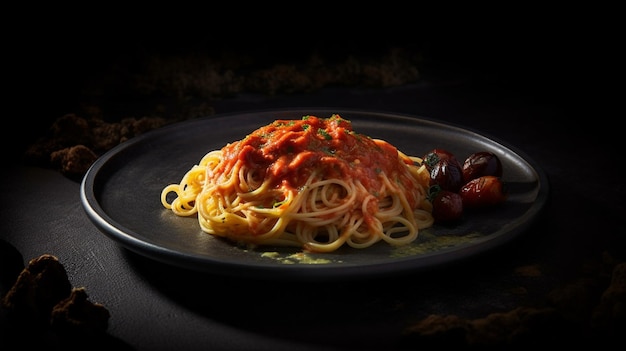 Dark plate with italian spaghetti on dark Generative AI