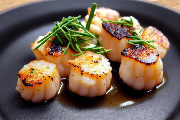 Dark plate with portion cooked seared scallops with decoration in form of greens