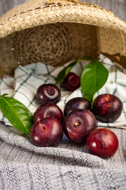 Photo dark plums on a striped blanket, agricultural concept