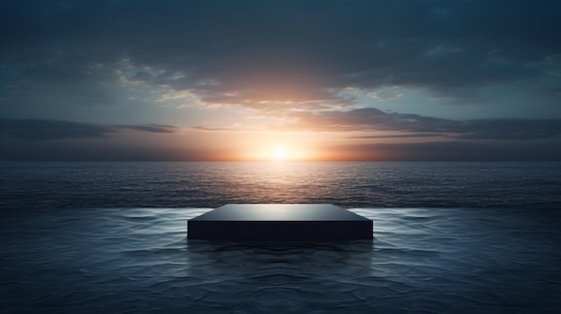 Dark podium in calm ocean with evening sun