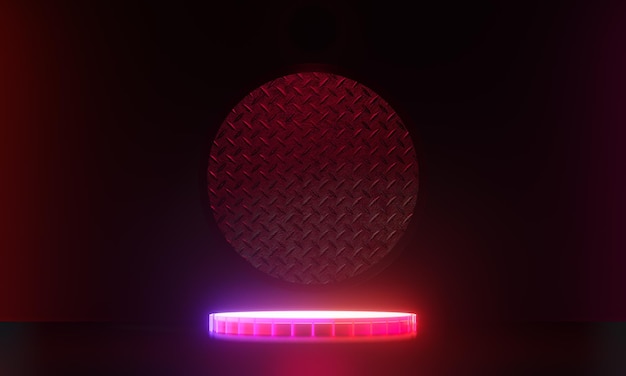 Podio scuro display sfondo neon laser rosso luce rosa con parete metallica circolare in tema nero. rendering di illustrazioni 3d.