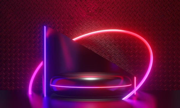 Podio scuro display sfondo neon laser rosso rosa luce con cerchio di luce anello metallo parete in tema nero. rendering di illustrazioni 3d.